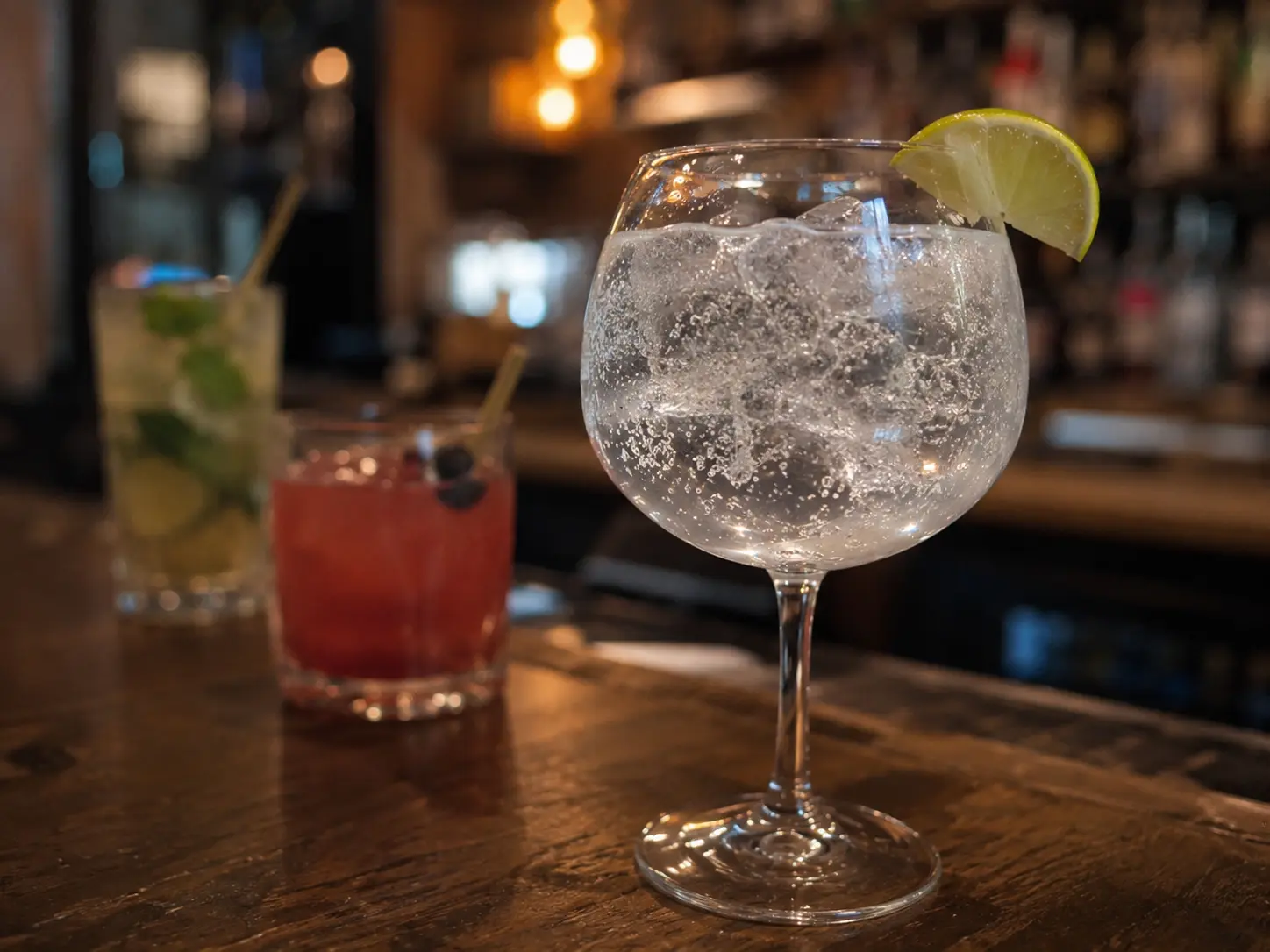 Alcohol-free gin and tonic served at a bar