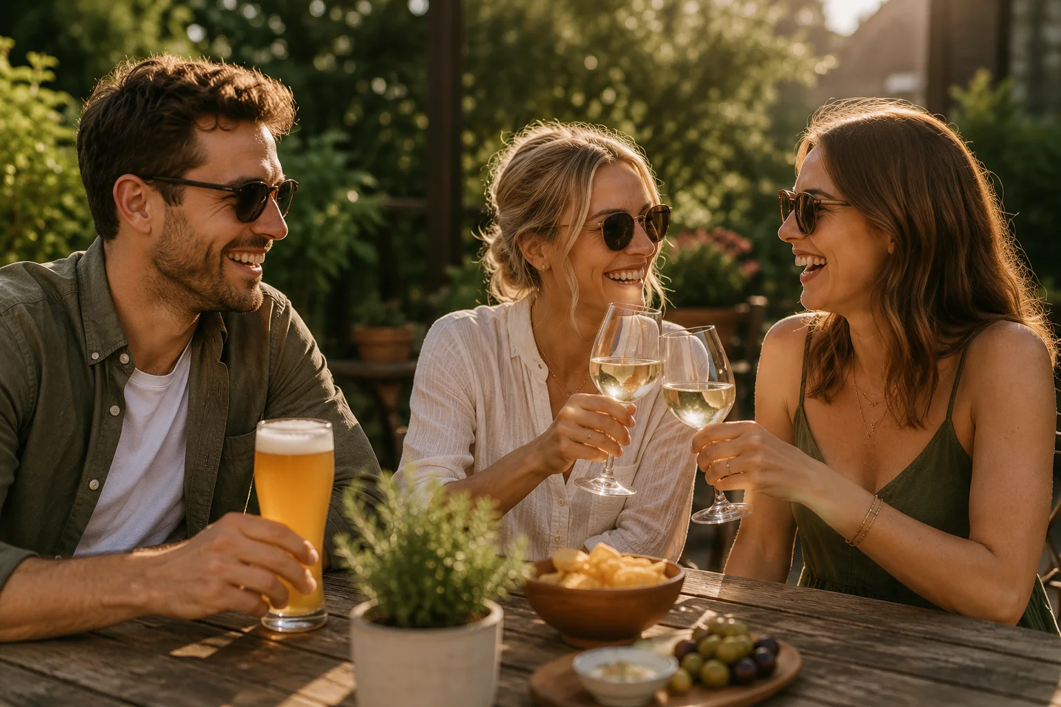 Friends enjoying alcohol-free drinks together outdoors