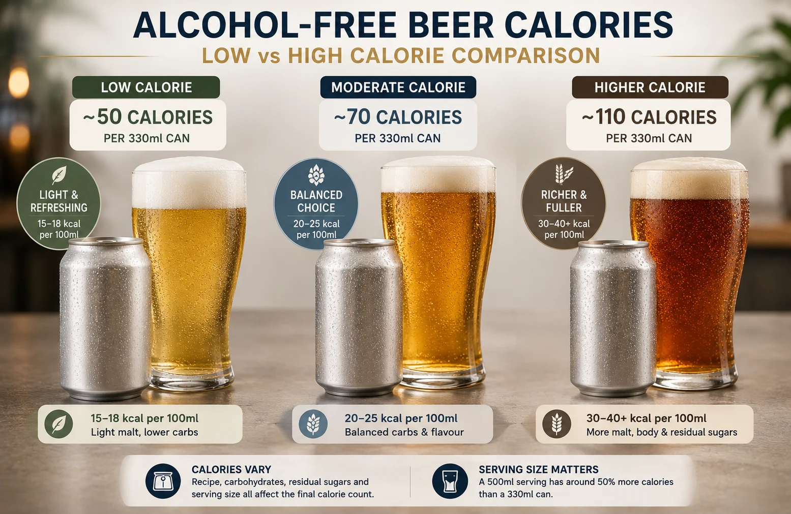 Low-calorie and higher-calorie alcohol-free beers compared