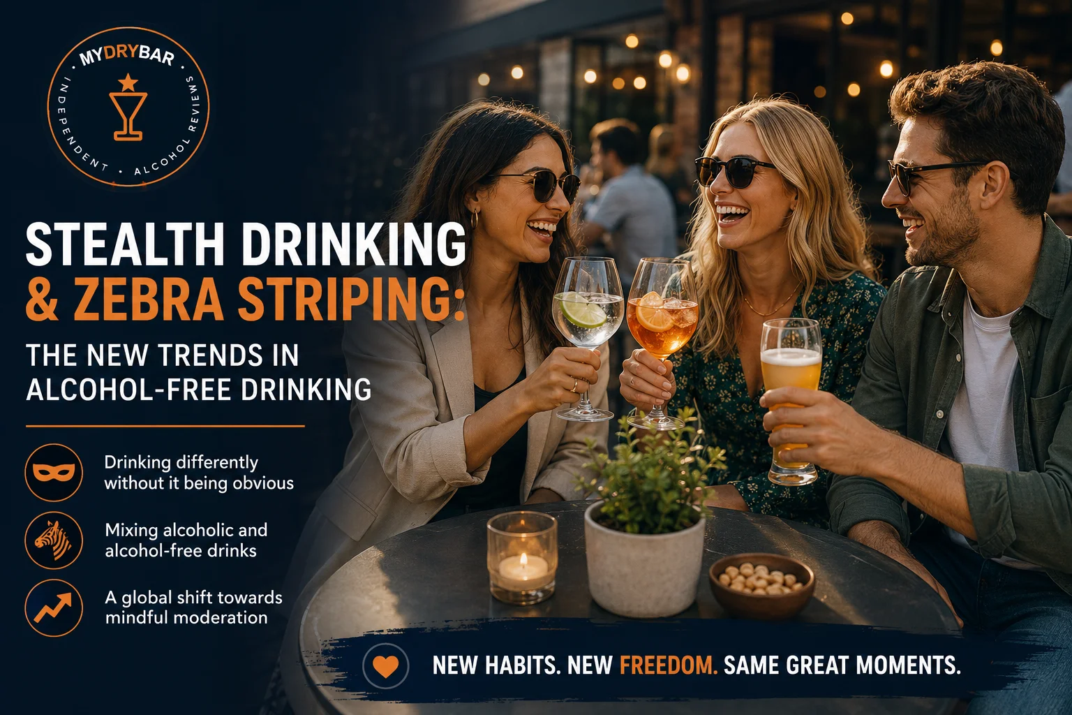 Friends socialising with alcoholic and alcohol-free drinks illustrating stealth drinking and zebra striping
